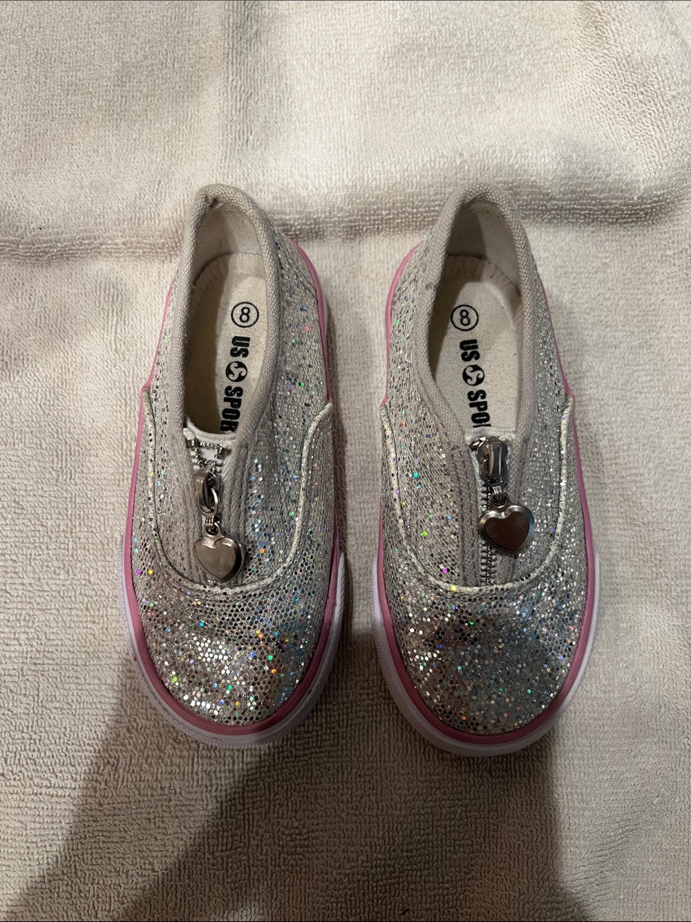 Sparkling Silver Glitter Slip-On Sneakers with Pink Trim and Heart Zipper